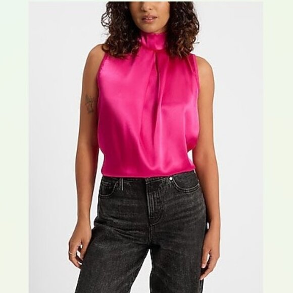 Express Satin Mock Neck Pleated Front Tank Pink Sizes Small, Medium, X-Large NWT - Picture 1 of 11